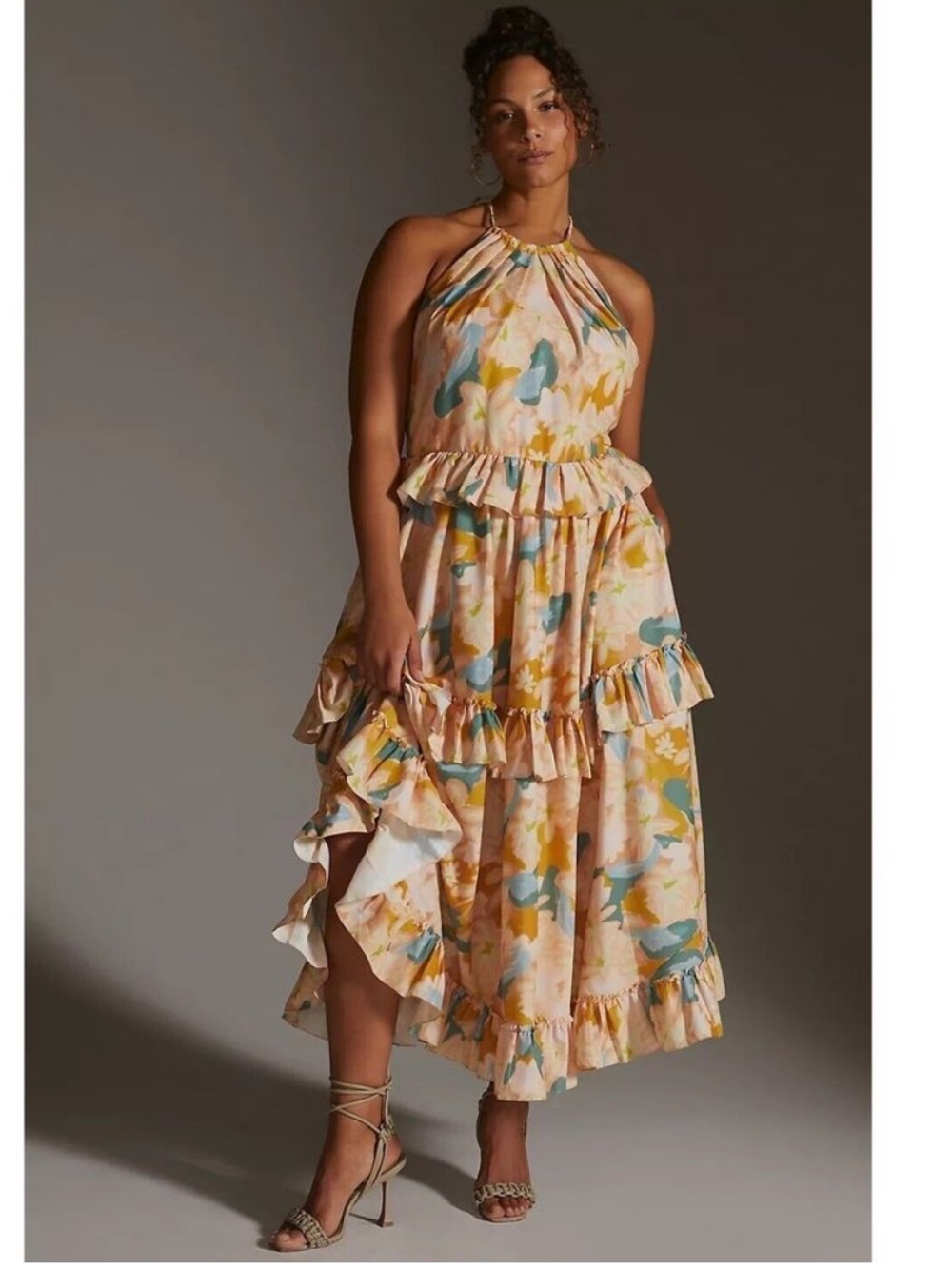 Anthropologie Peach Floral Halter Maxi Dress with Teal and Mustard Accents